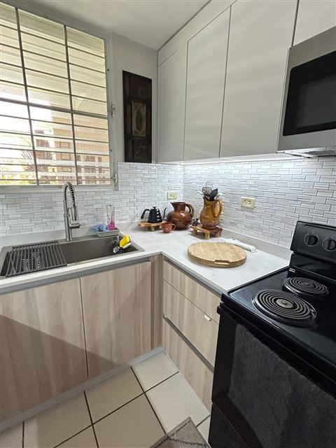 Cocina equipada con estufa y microondas